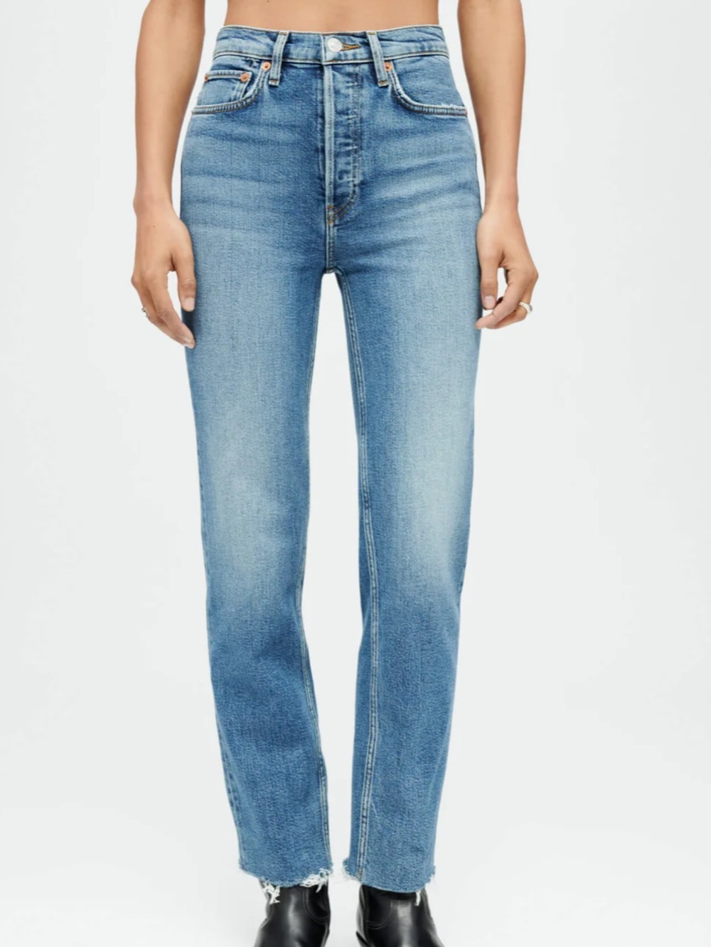 Re/Done Jeans High Rise Stove Pipe Fray hem comfort stretch mid 70s blue jeans 👖